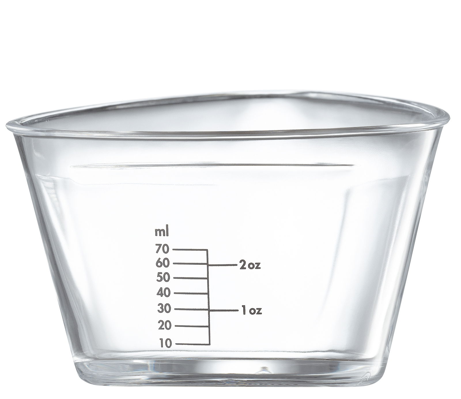 Messbecher aus Glas mit Skala in Millilitern und Unzen, seitliche Perspektive