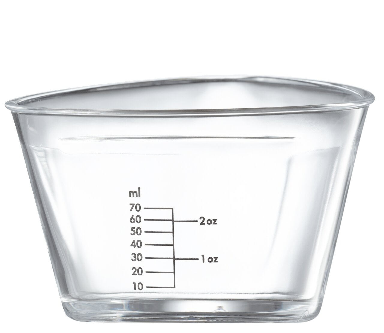 Messbecher aus Glas mit Skala in Millilitern und Unzen, seitliche Perspektive