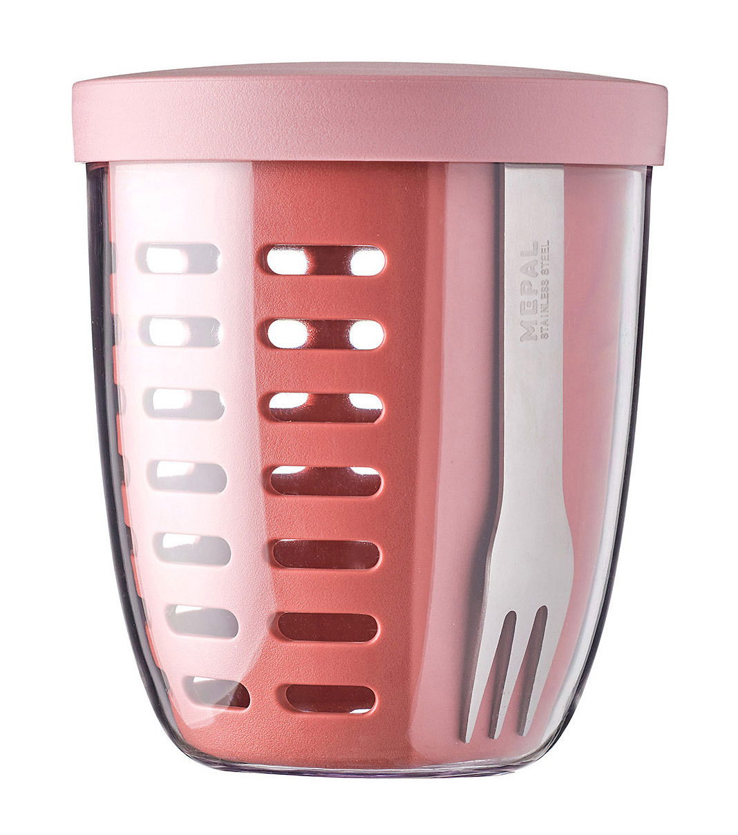 Mepal Fruitpot Vivid mauve ELLIPSE Rosa Fruchtbehälter in Ellipsenform mit integriertem Besteck, Vorderansicht