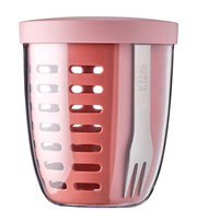 Rosa Fruchtbehälter in Ellipsenform mit integriertem Besteck, Vorderansicht