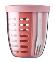 Rosa Fruchtbehälter in Ellipsenform mit integriertem Besteck, Vorderansicht