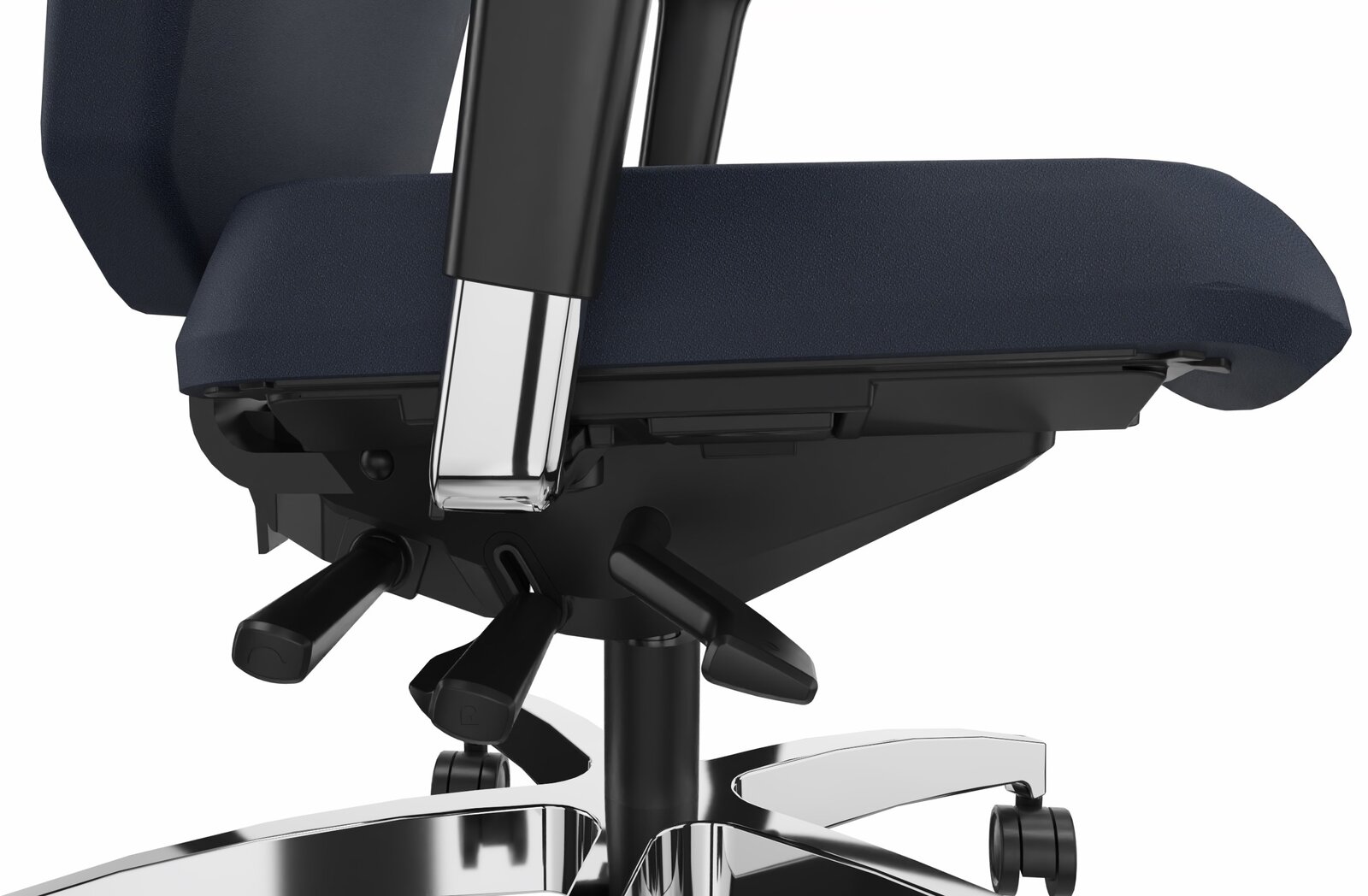 Dauphin Drehstuhl STILO Nahaufnahme eines Drehstuhls von der Seite, zeigt die Sitzfläche, Armlehne und die verstellbaren Hebel.