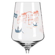 Weinglas mit venezianischem Design, zeigt Gondeln und Gebäude, seitliche Perspektive