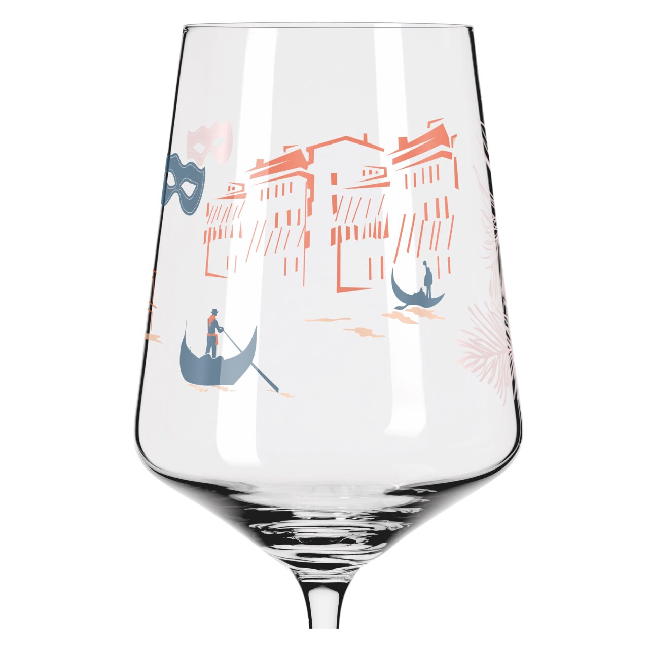 Wijnglas met Venetiaans ontwerp, met afbeeldingen van gondels en gebouwen, zijaanzicht