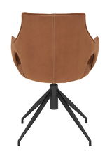 Rückansicht eines modernen Sessels mit braunem Bezug und schwarzem Metallgestell.