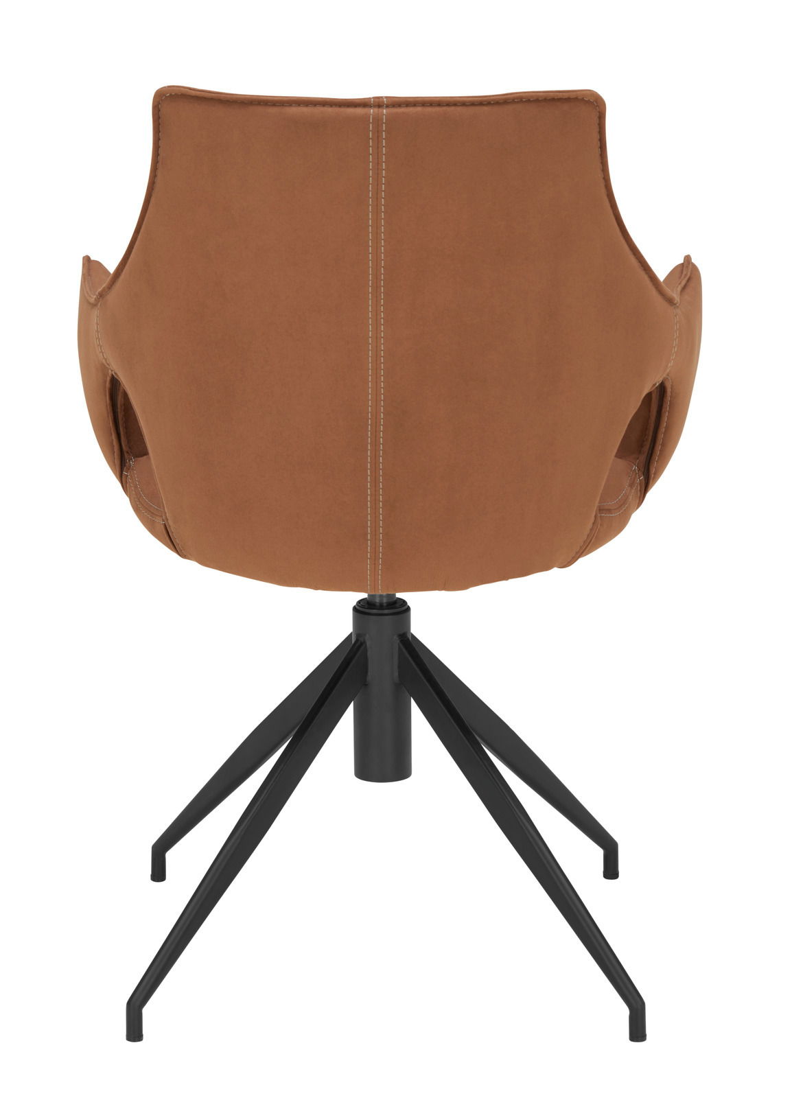 Rückansicht eines modernen Sessels mit braunem Bezug und schwarzem Metallgestell.