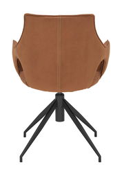 Rückansicht eines modernen Sessels mit braunem Bezug und schwarzem Metallgestell.