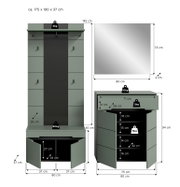 Grünes Garderobenmöbel-Set mit Spiegel (80 x 73 cm), Wandpaneel mit Haken und Ablage sowie Schuhschrank mit offenen Fächern, Frontansicht mit Maßangaben und Belastungswerten