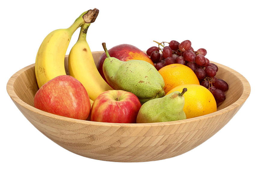 Zeller Present Schale Holzschale mit einem Durchmesser von 34,5 cm, gefüllt mit verschiedenen Früchten wie Bananen, Äpfeln, Birnen, Orangen und Trauben, seitliche Perspektive