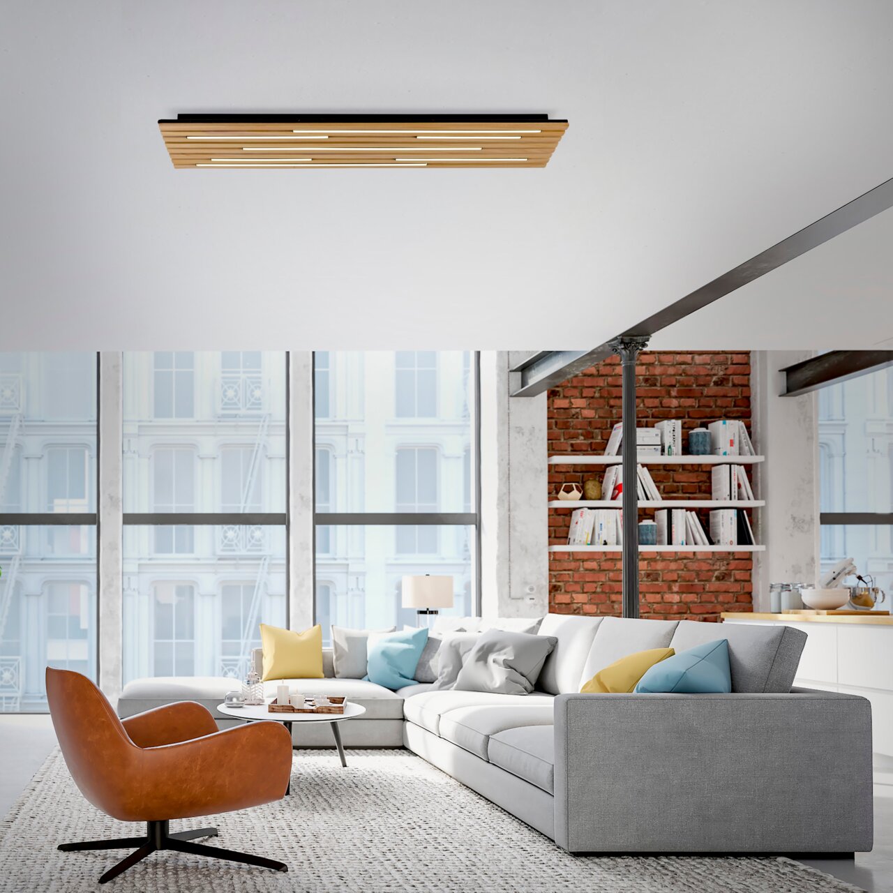 Moderne LED-Deckenleuchte in Holzoptik, von unten betrachtet, in einem stilvollen Wohnzimmer mit großen Fenstern und gemütlicher Einrichtung.