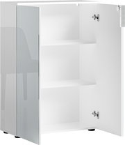 Weißer, niedriger Aktenschrank mit zwei Einlegeböden, geöffnete Tür, seitliche Perspektive