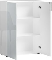Weißer, niedriger Aktenschrank mit zwei Einlegeböden, geöffnete Tür, seitliche Perspektive