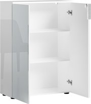 Weißer, niedriger Aktenschrank mit zwei Einlegeböden, geöffnete Tür, seitliche Perspektive