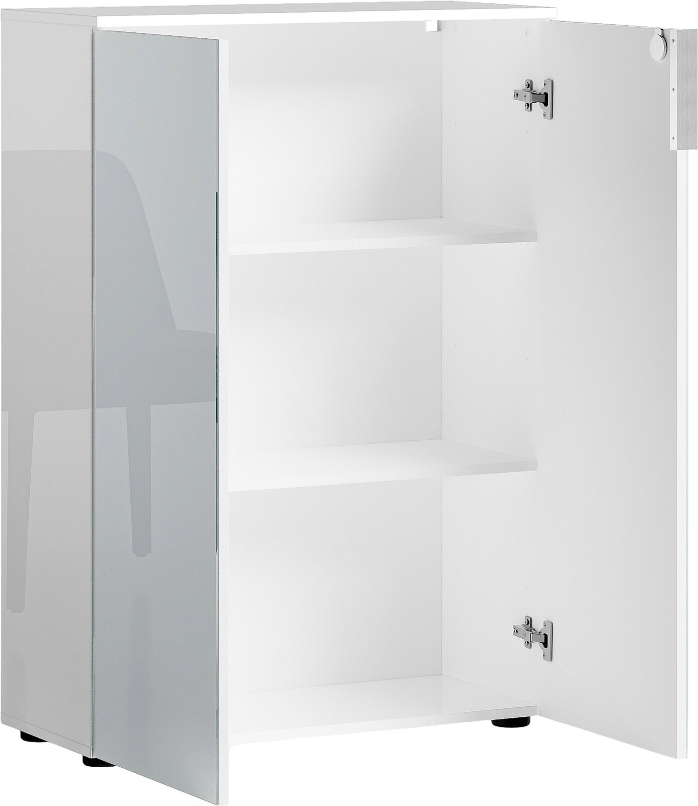 Weißer, niedriger Aktenschrank mit zwei Einlegeböden, geöffnete Tür, seitliche Perspektive