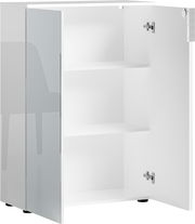 Weißer, niedriger Aktenschrank mit zwei Einlegeböden, geöffnete Tür, seitliche Perspektive