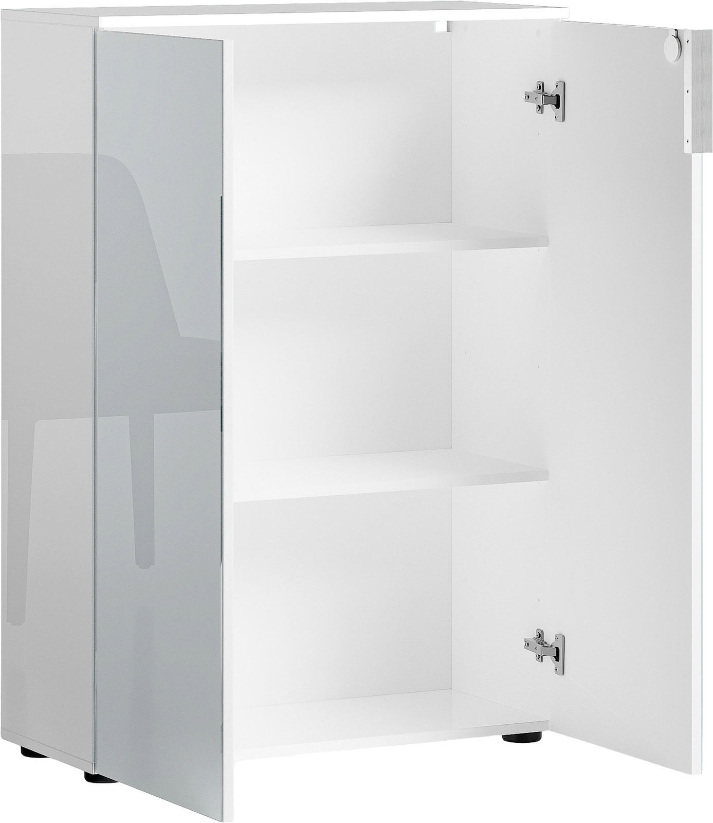 Weißer, niedriger Aktenschrank mit zwei Einlegeböden, geöffnete Tür, seitliche Perspektive