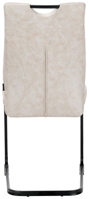 Rückansicht eines Schwingstuhls mit hellem Polster und schwarzem Metallgestell