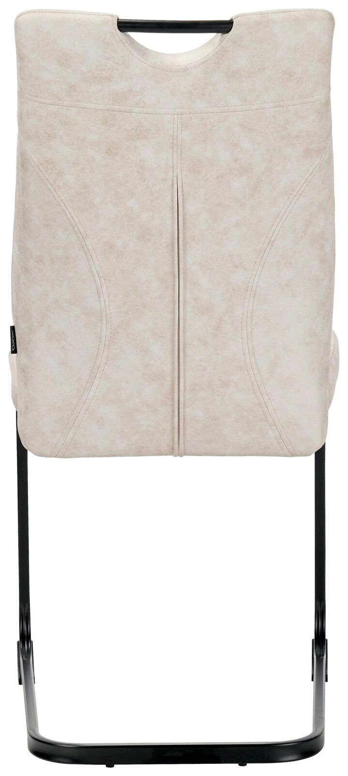 Rückansicht eines Schwingstuhls mit hellem Polster und schwarzem Metallgestell