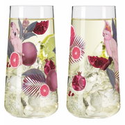 Twee elegante glazen met een exotisch motief van papegaaien en fruit, gevuld met ijsblokjes en een gelige vloeistof, gezien vanuit de zijkant.