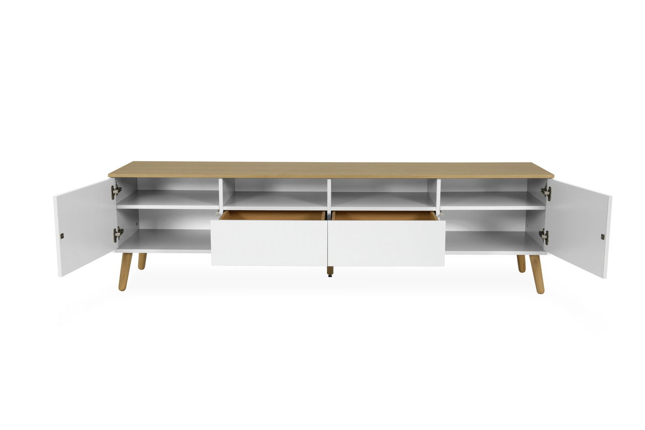 TV-Board mit offenem Stauraum, zwei Schubladen und zwei Türen, aus Holz und weißem Material, frontal betrachtet.
