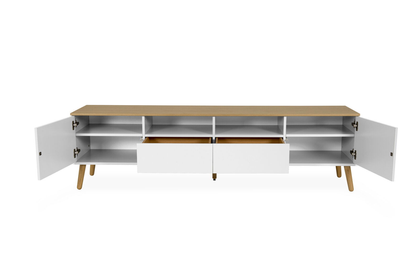 TV-Board mit offenem Stauraum, zwei Schubladen und zwei Türen, aus Holz und weißem Material, frontal betrachtet.