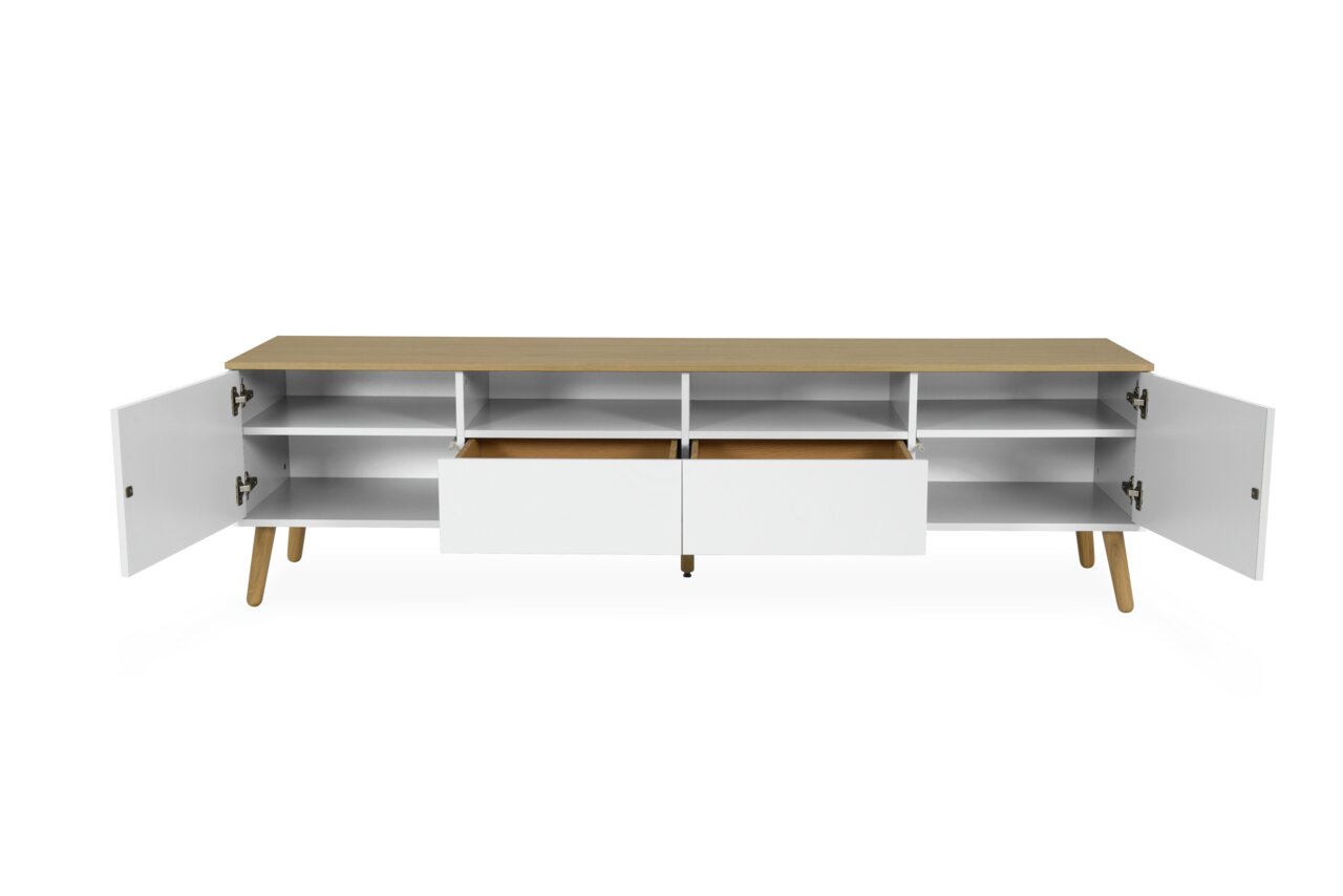 TV-Board mit offenem Stauraum, zwei Schubladen und zwei Türen, aus Holz und weißem Material, frontal betrachtet.