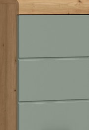Detailansicht einer modernen, matten Schrankfront in Salbeigrün mit horizontalen Zierleisten, eingefasst von einem Rahmen aus hellem Holz, frontal aufgenommen.