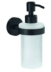 Wandmontierter Seifenspender in mattem Schwarz mit modernem Design, seitliche Perspektive