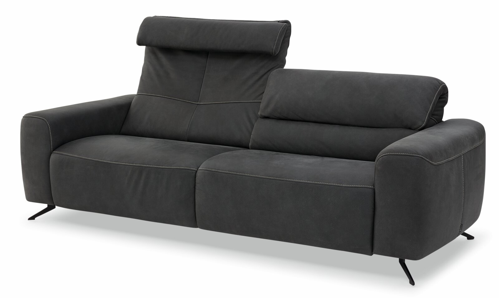 Dunkelgraues 3-Sitzer-Sofa mit verstellbarer Kopfstütze, seitliche Perspektive