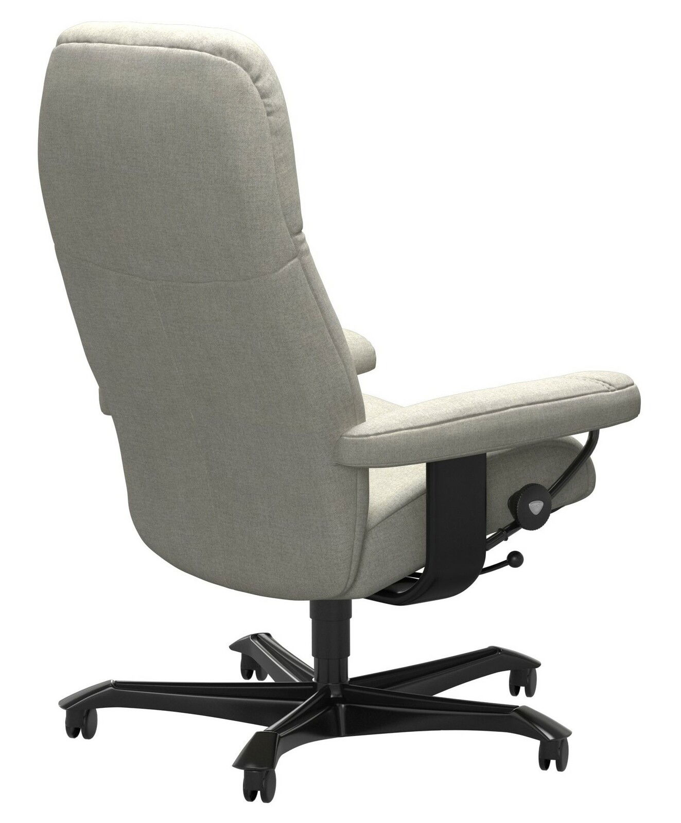 Rückansicht eines grauen Chefsessels mit Armlehnen und schwarzem Drehfuß auf Rollen.