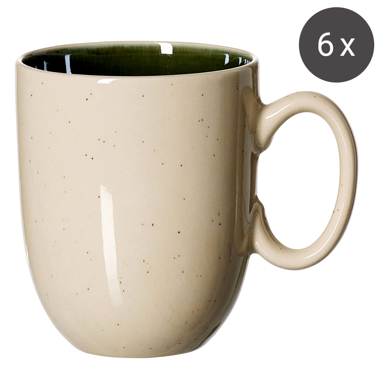 Becher in Creme mit dunkelgrüner Innenseite, seitliche Perspektive, 6er-Set