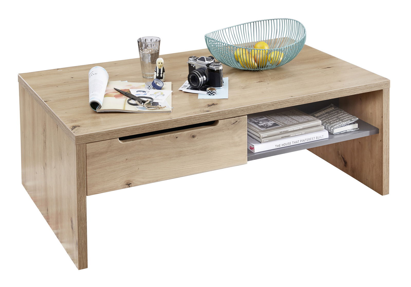 Moderner Couchtisch aus Holz mit Schublade und Ablage, seitliche Perspektive