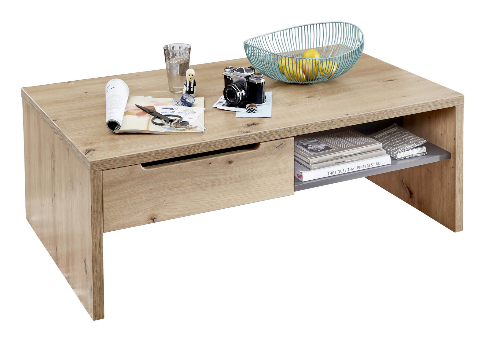 Z2 Couchtisch MEMPHIS Moderner Couchtisch aus Holz mit Schublade und Ablage, seitliche Perspektive