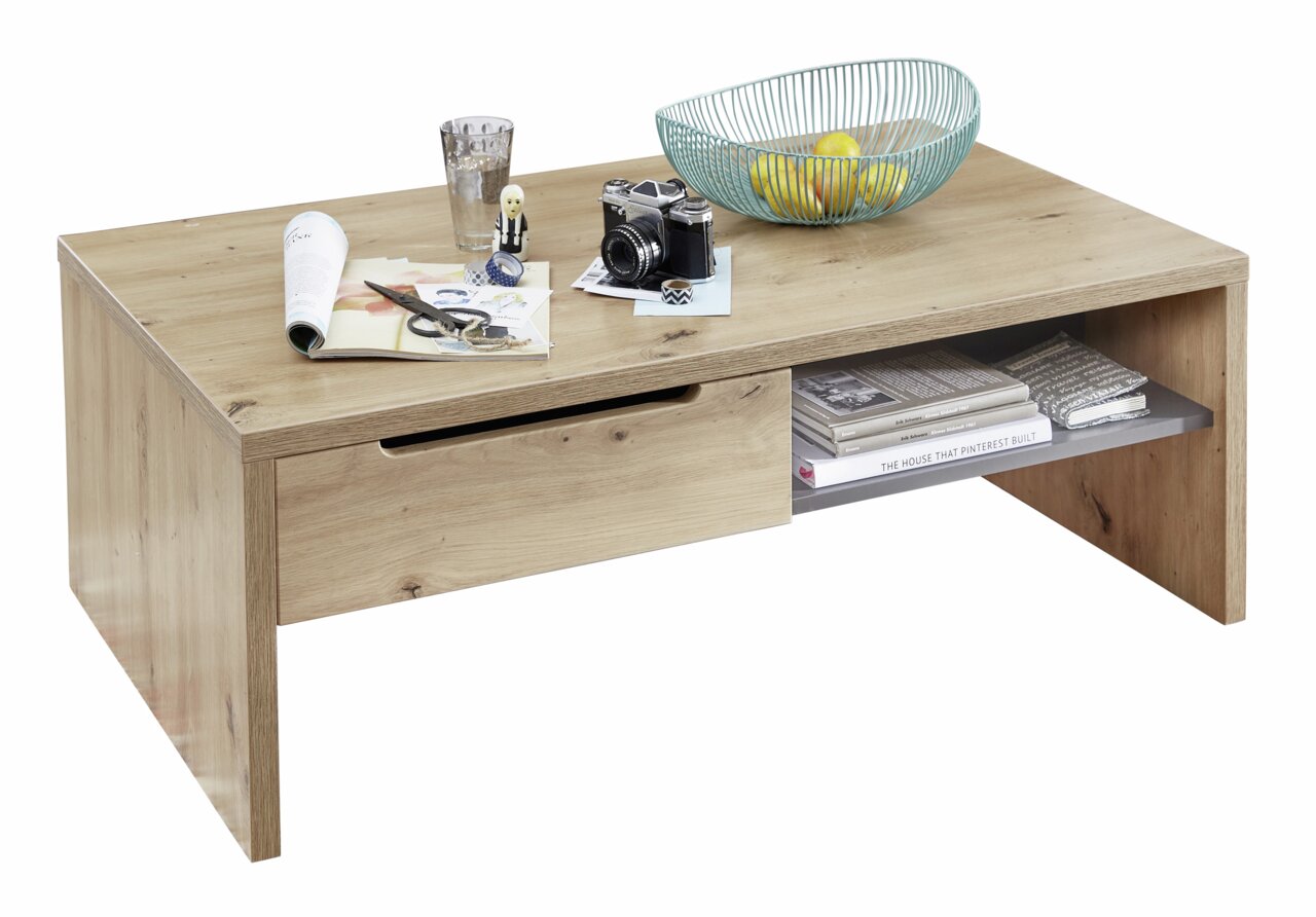 Moderner Couchtisch aus Holz mit Schublade und Ablage, seitliche Perspektive