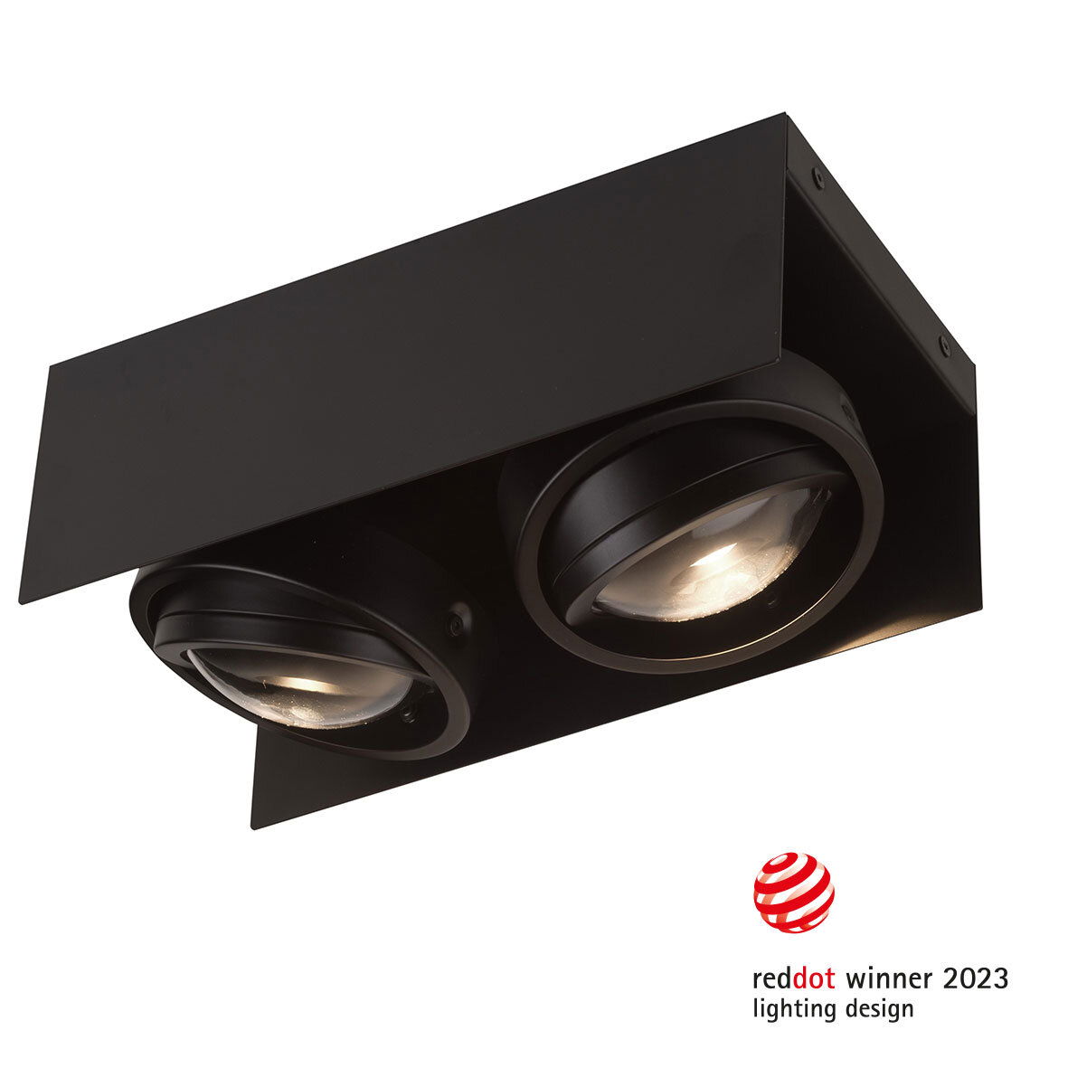 Schwarze LED Aufbauleuchte mit zwei runden Strahlern, seitliche Perspektive, ausgezeichnet mit dem Red Dot Design Award 2023.