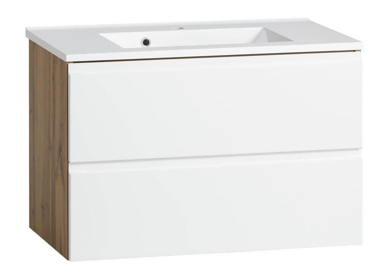 Waschtisch-Set 80 cm mit weißer Front und Holzseiten, seitliche Perspektive