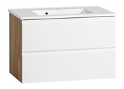 Waschtisch-Set 80 cm mit weißer Front und Holzseiten, seitliche Perspektive