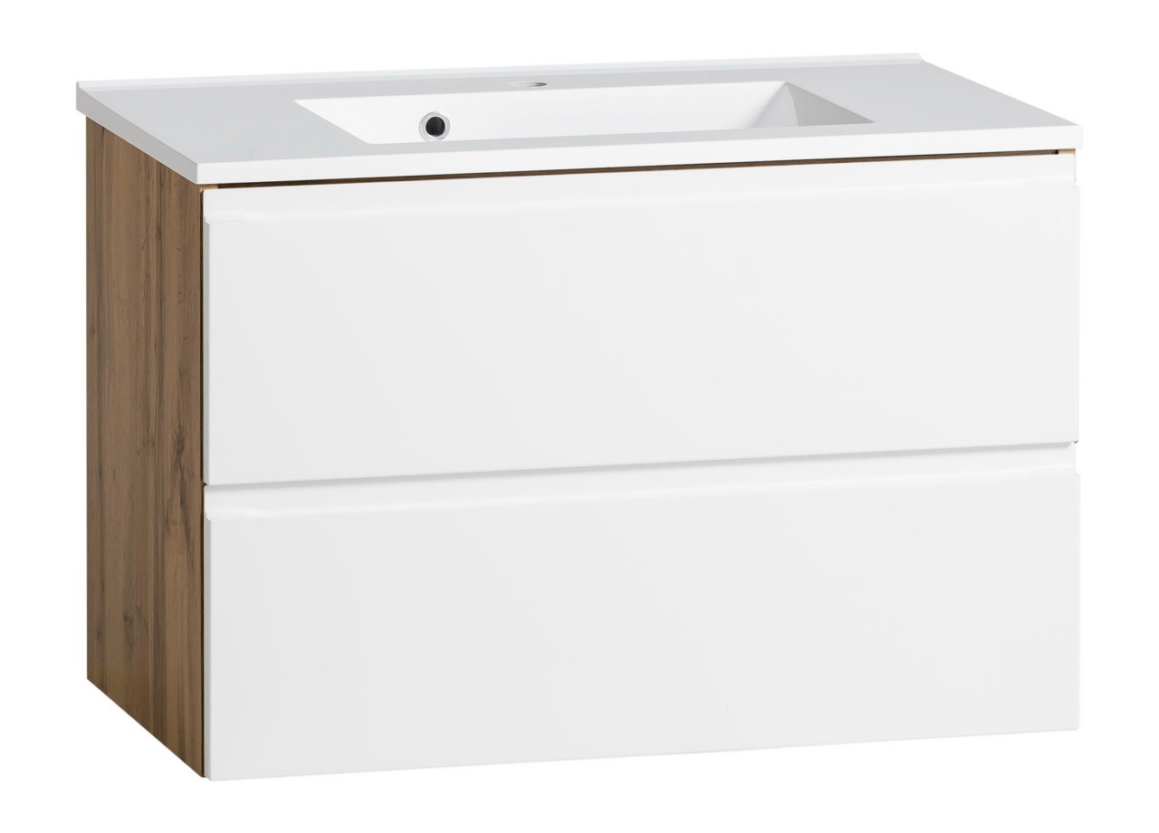Waschtisch-Set 80 cm mit weißer Front und Holzseiten, seitliche Perspektive