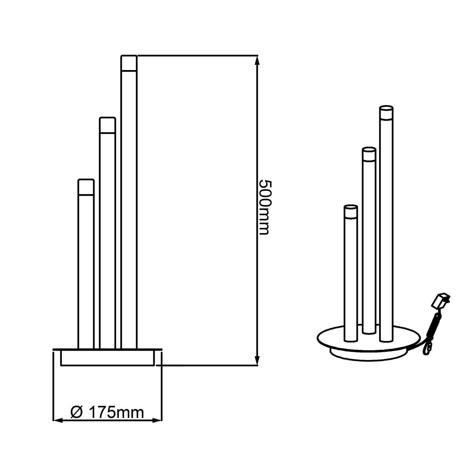Technische Zeichnung einer Cembalo LED Lampe mit drei vertikalen Röhren auf einer runden Basis, Seiten- und Perspektivansicht, Höhe 500mm, Durchmesser 175mm.