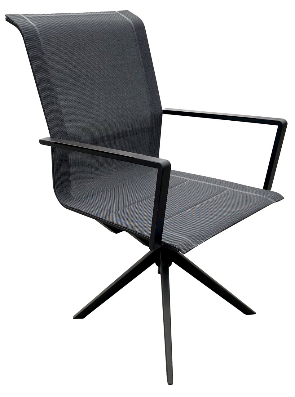 Moderner Gartensessel mit schwarzem Metallrahmen und Netzbespannung, seitliche Perspektive