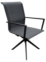 Moderner Gartensessel mit schwarzem Metallrahmen und Netzbespannung, seitliche Perspektive