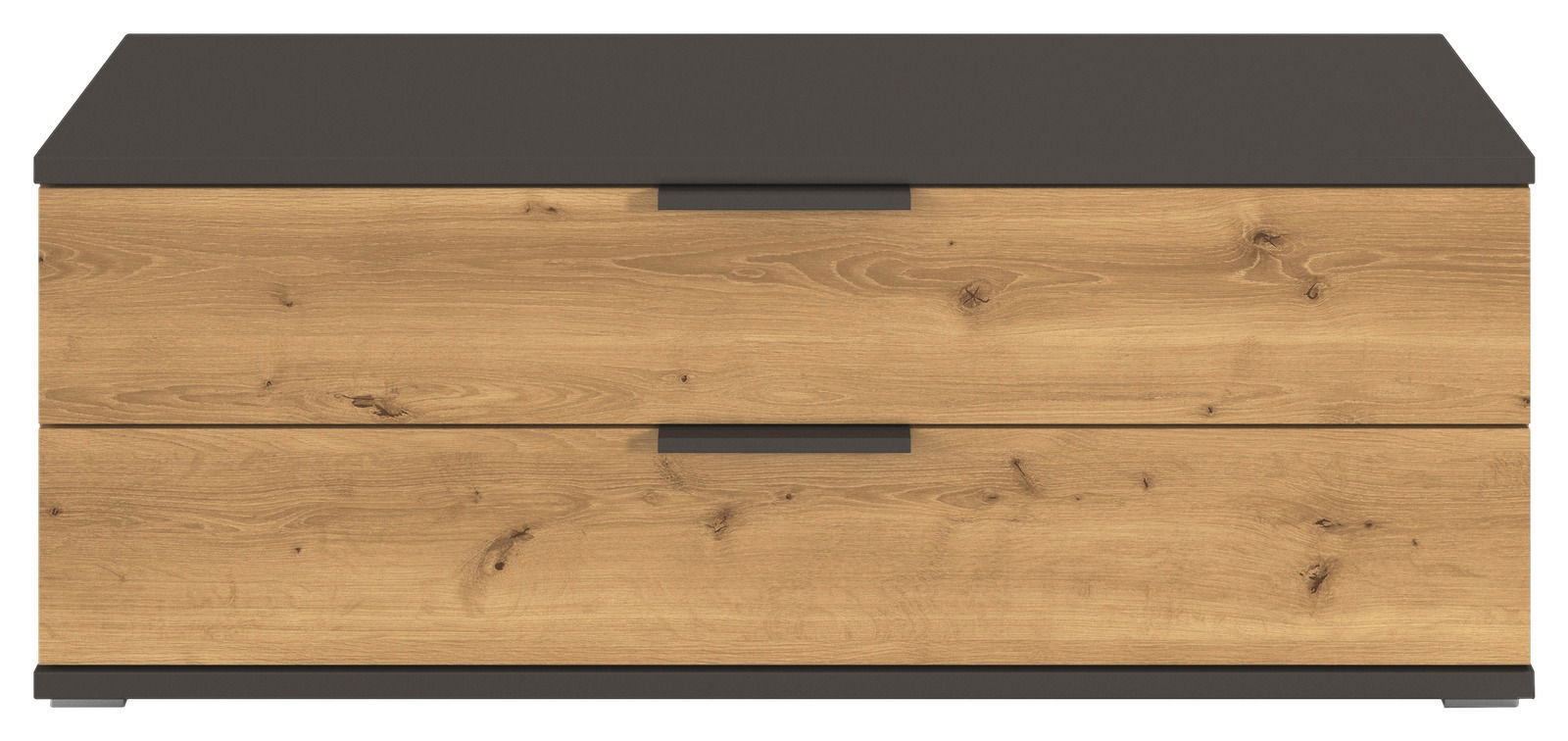 Frontansicht eines TV-Elements oder einer Kommode mit Holzoptik und dunkler Oberfläche