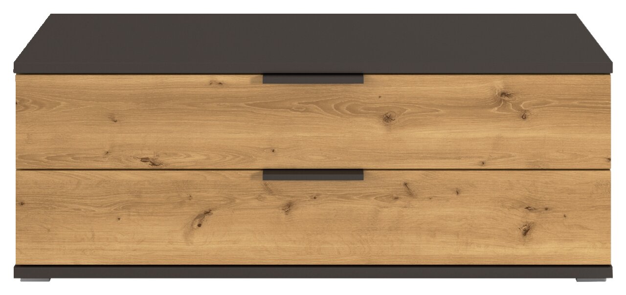 Frontansicht eines TV-Elements oder einer Kommode mit Holzoptik und dunkler Oberfläche