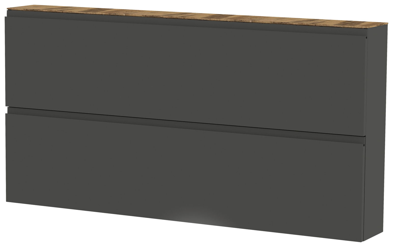 XL-Hängeschuhschrank in dunklem Grau mit zwei Klappen und einer Holzoberfläche, seitliche Perspektive