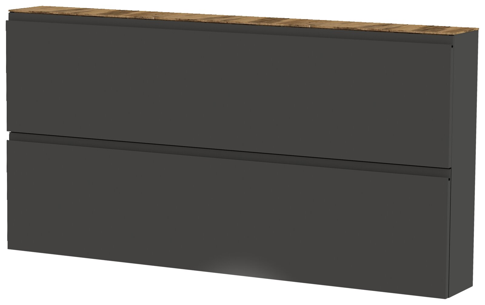 XL-Hängeschuhschrank in dunklem Grau mit zwei Klappen und einer Holzoberfläche, seitliche Perspektive