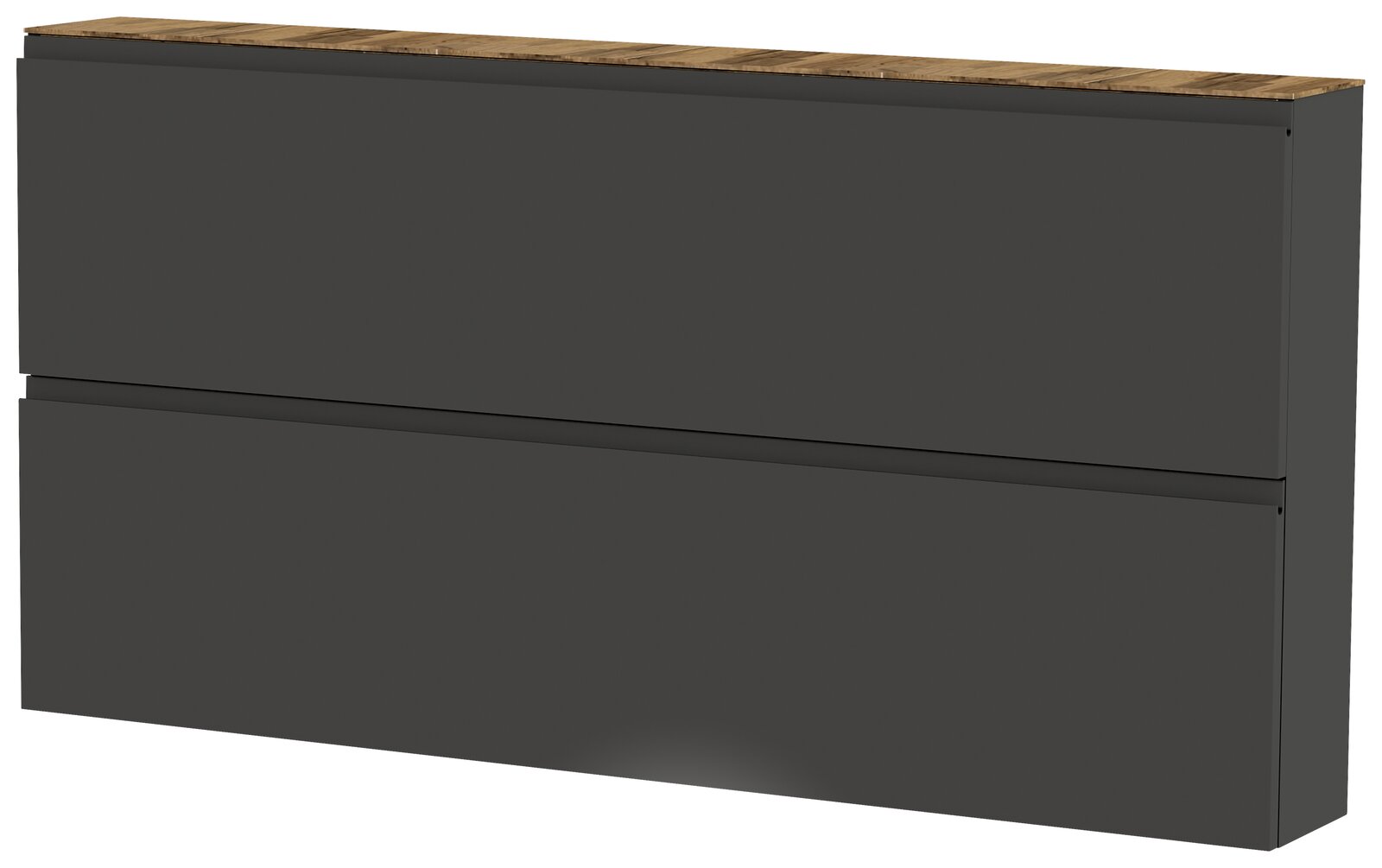 XL-Hängeschuhschrank in dunklem Grau mit zwei Klappen und einer Holzoberfläche, seitliche Perspektive
