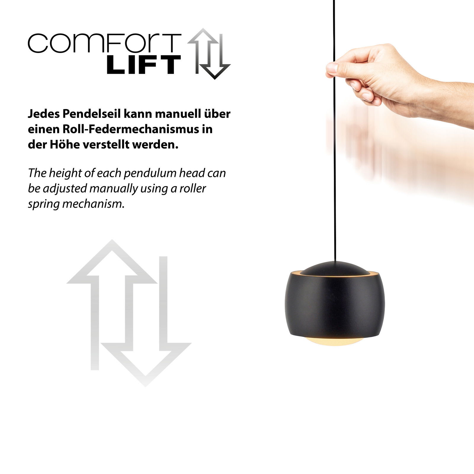 Hand zieht an einem Pendelseil einer modernen schwarzen Pendelleuchte mit verstellbarer Höhe, seitliche Perspektive.