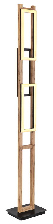 Moderne Stehleuchte aus Holz mit rechteckigen, leuchtenden Rahmen, seitliche Perspektive