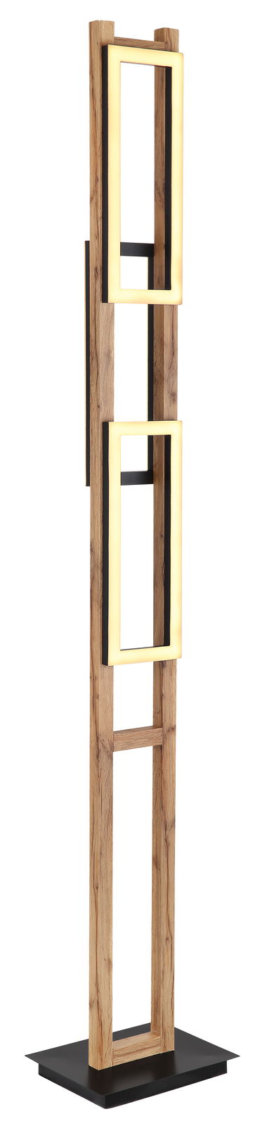 Moderne Stehleuchte aus Holz mit rechteckigen, leuchtenden Rahmen, seitliche Perspektive