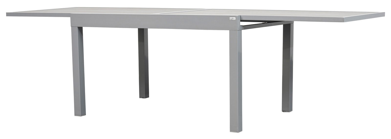 Moderner grauer Gartentisch aus Metall mit rechteckiger Tischplatte, seitliche Perspektive.